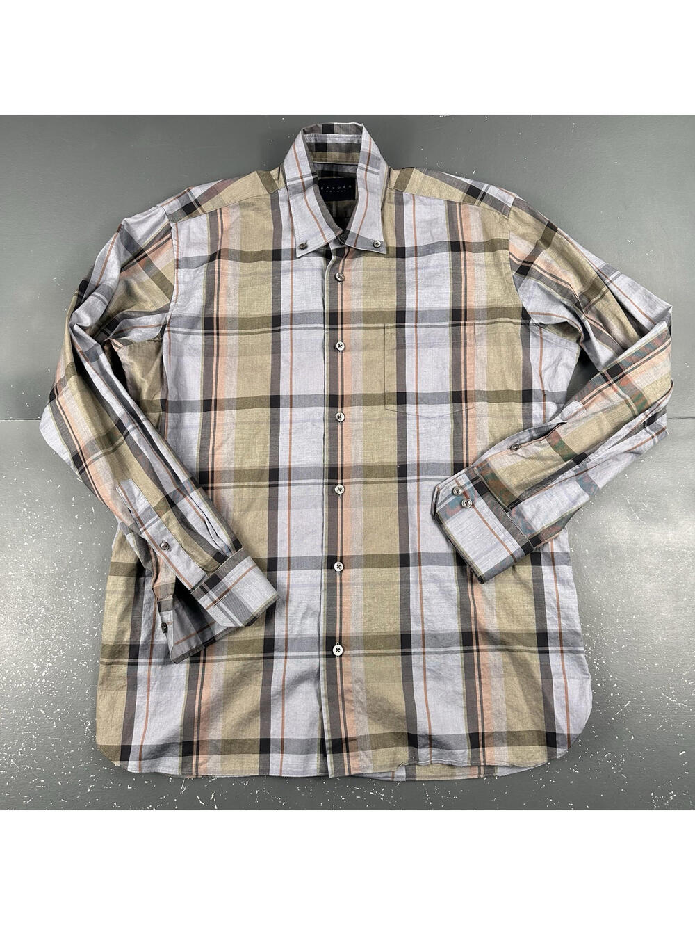Calder Carmel Shirt Mens Medium Blue Olive Peach Black Dress Chambray 1/70